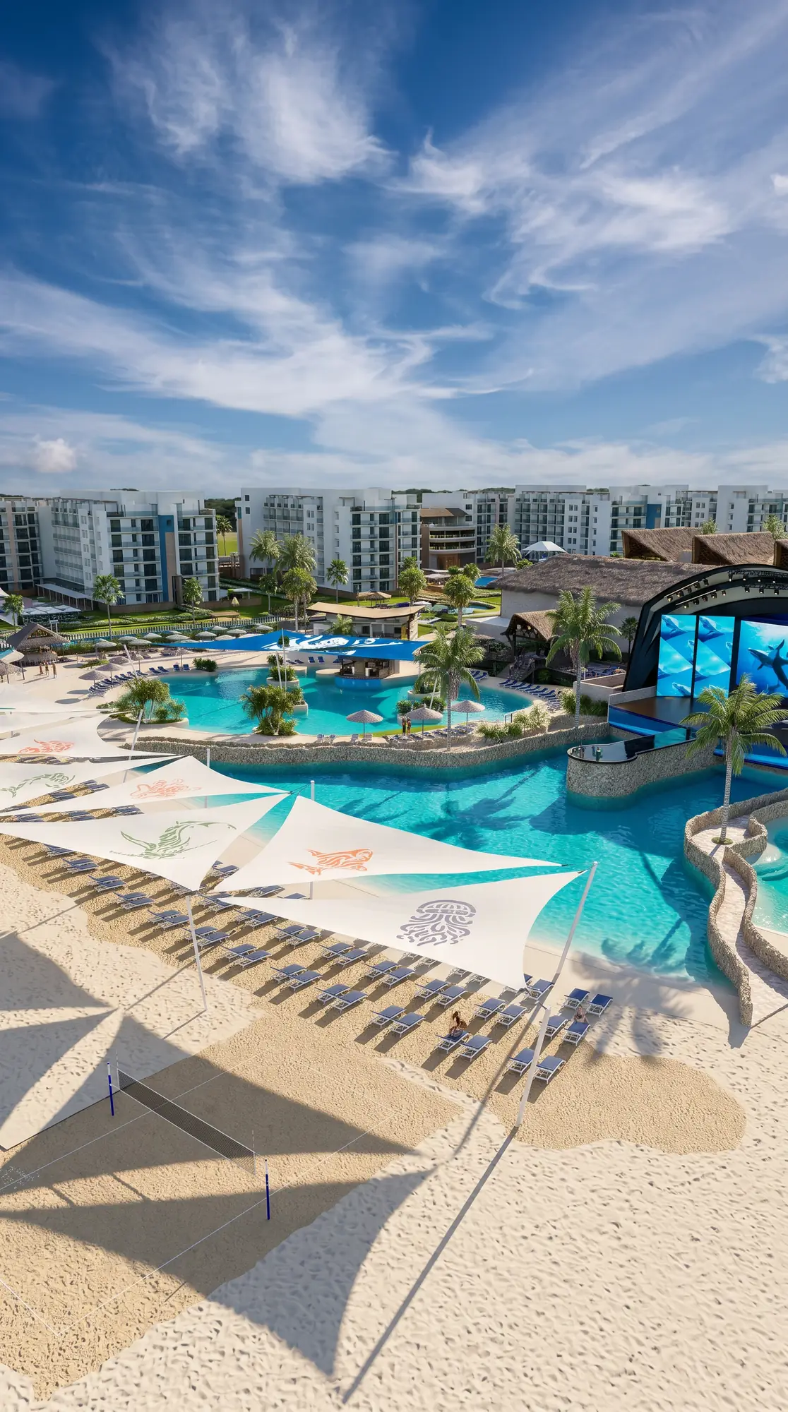Playa artificial con anfiteatro y pantalla gigante