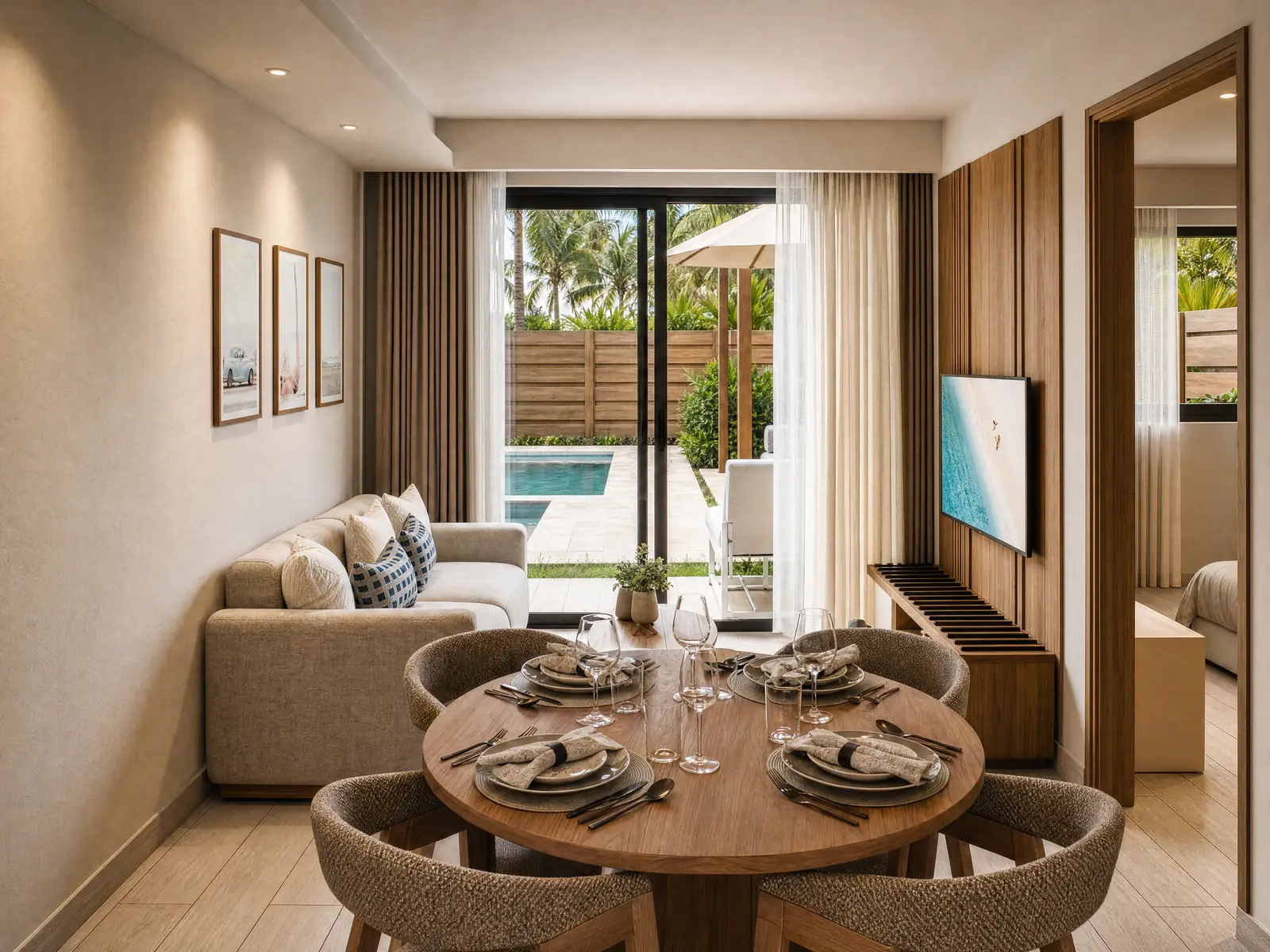 Comedor para cuatro personas junto a la sala