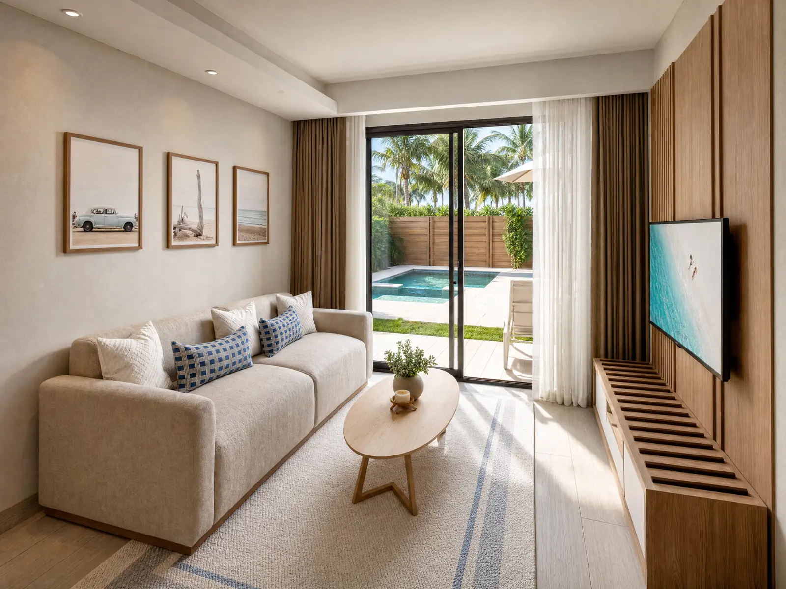 Sala del apartamento con vista directa a la piscina privada