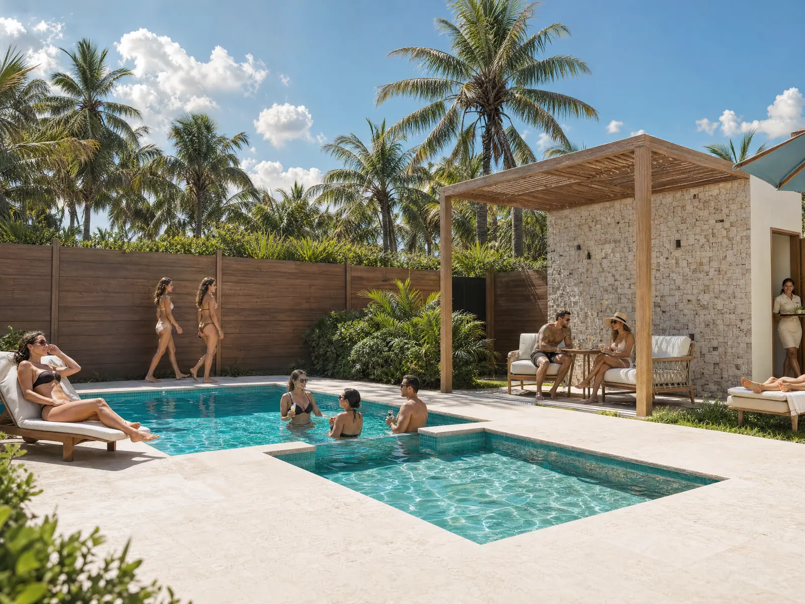 Familia y amigos compartiendo en la piscina privada del apartamento